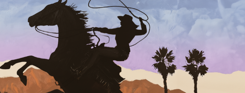 An illustration of a cowgirl on a horse at sunset